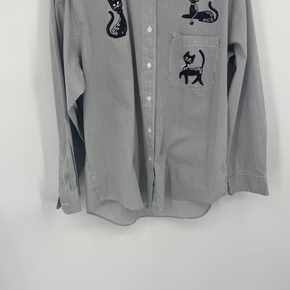 Get Lucky Women's Vintage Cat Shirt Gray White‎ Stripes Jeweled Accents Size L - Picture 4 of 16